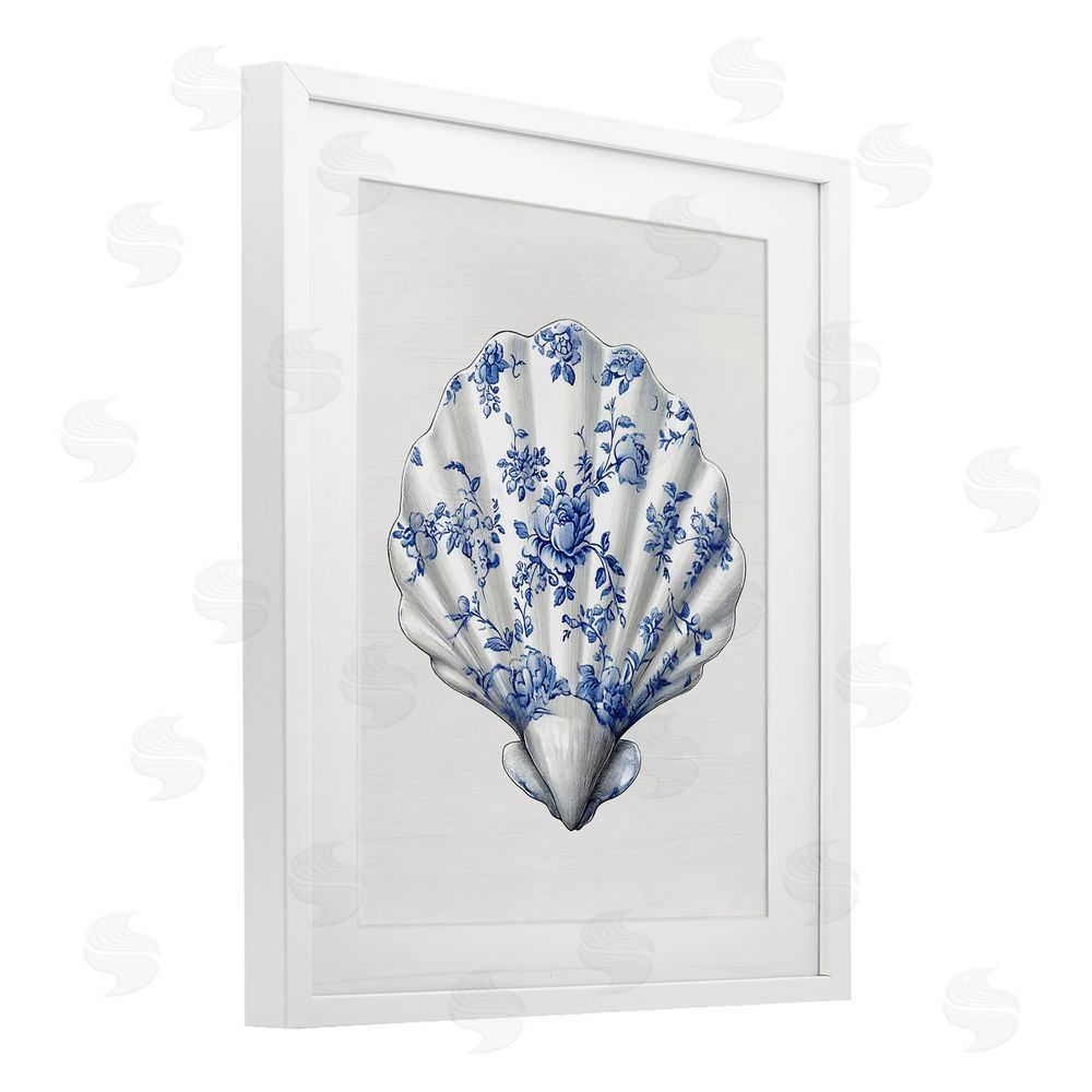 Lettered and Lined Funky Toile Seashell White Framed Print Under Glass Wall Art