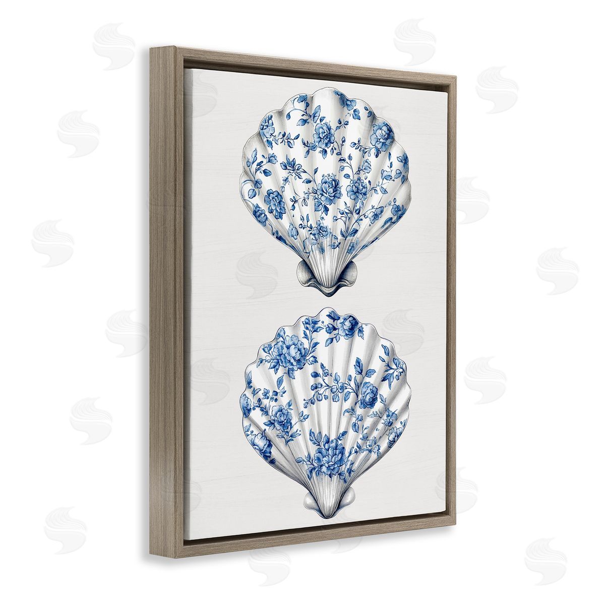 Lettered and Lined Delicate Toile Seashells Brown Floating Frame Canvas Wall Art Print
