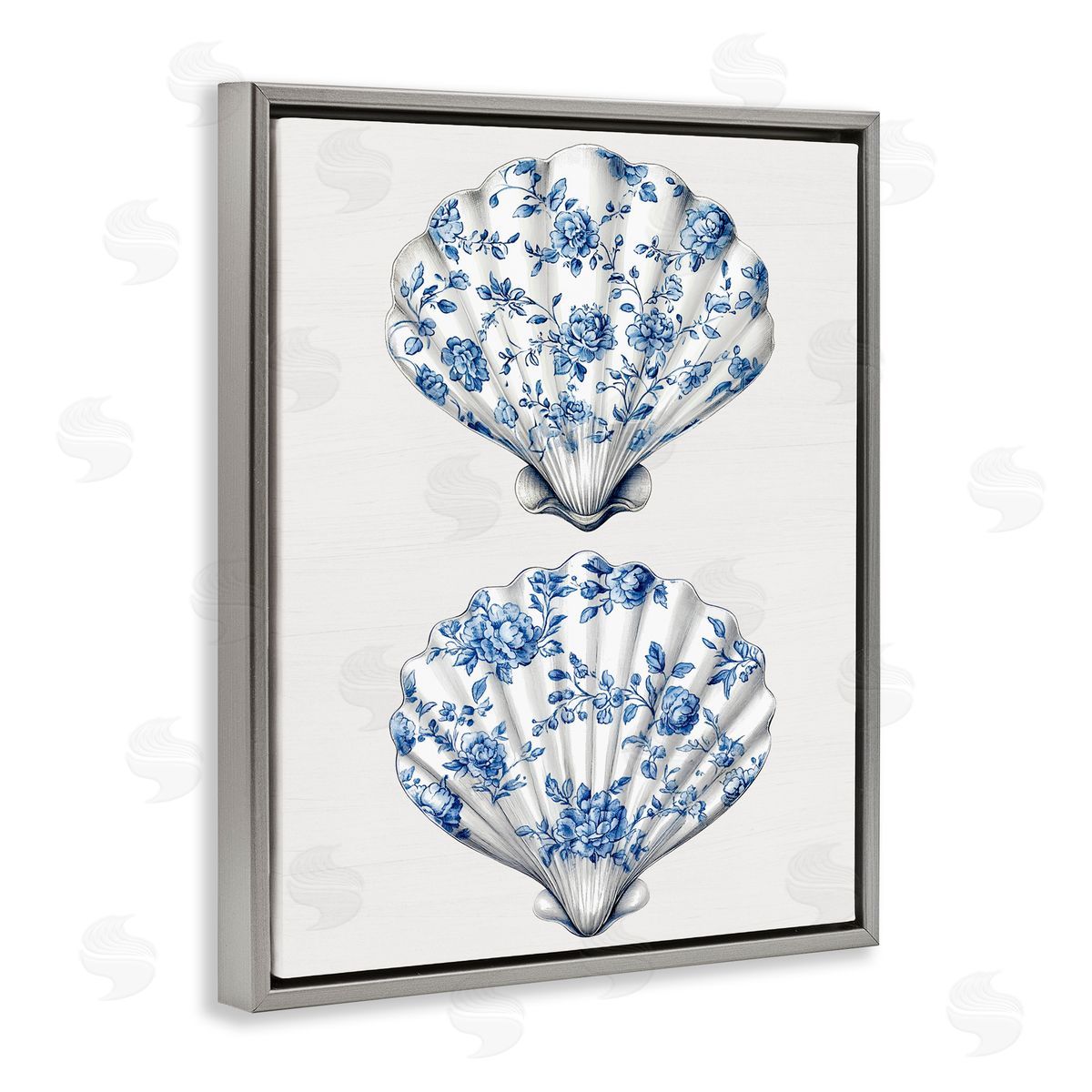 Lettered and Lined Delicate Toile Seashells Gray Floating Frame Canvas Wall Art Print