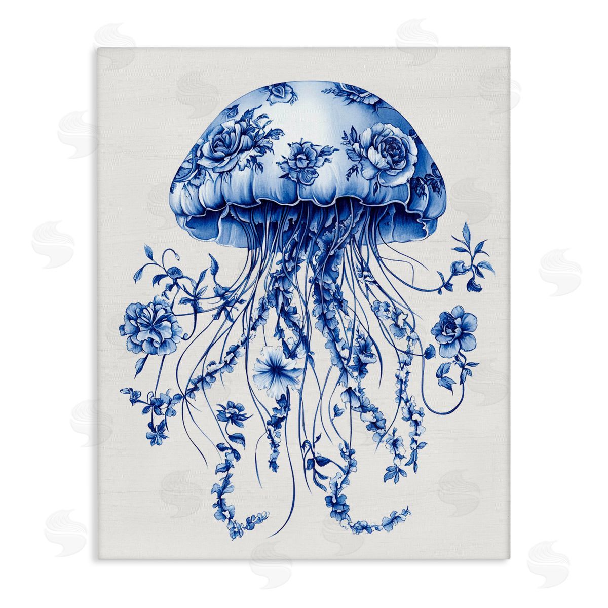 Lettered and Lined Funky Vintage Toile Jellyfish Stretched Canvas Wall Art Print