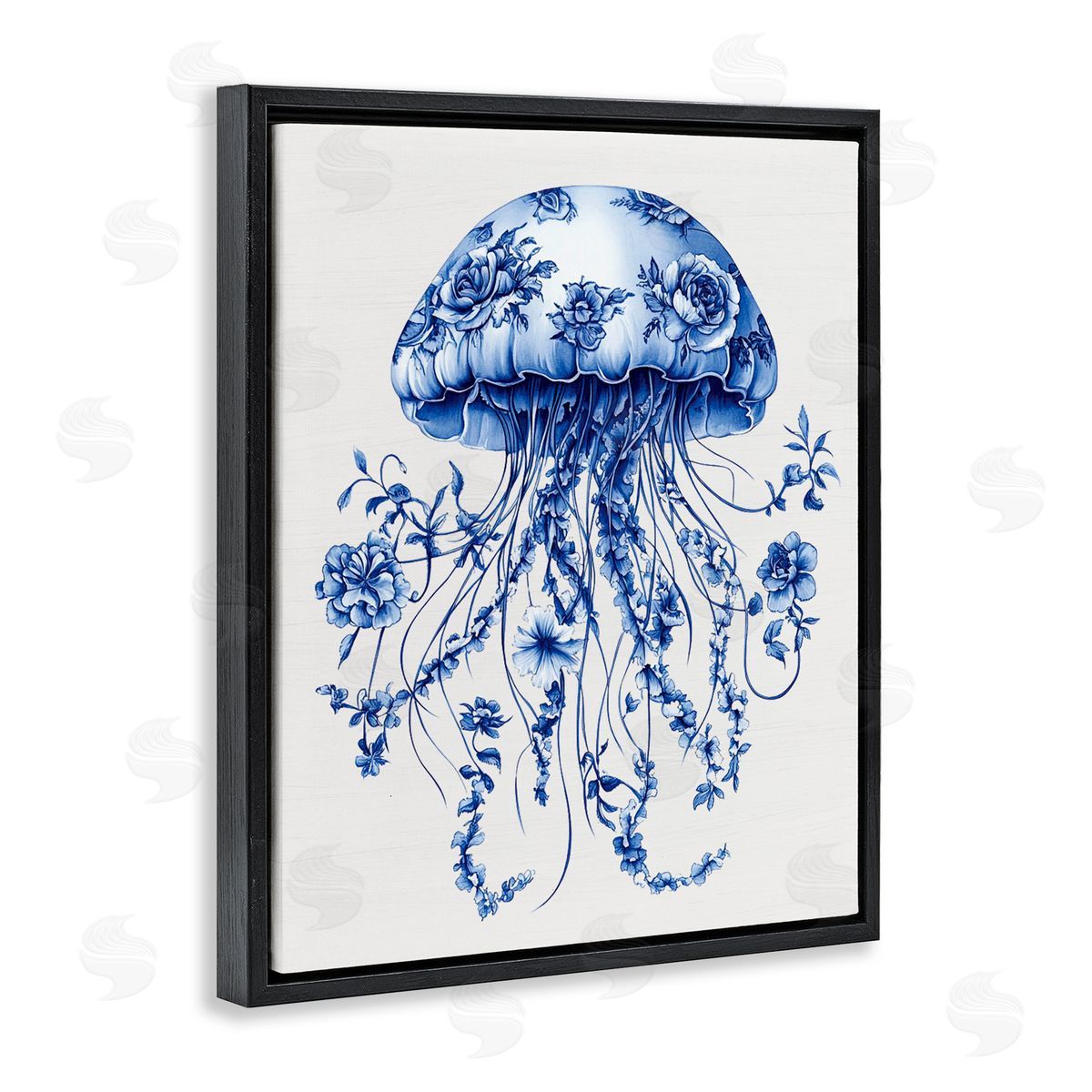 Lettered and Lined Funky Vintage Toile Jellyfish Black Floating Frame Canvas Wall Art Print