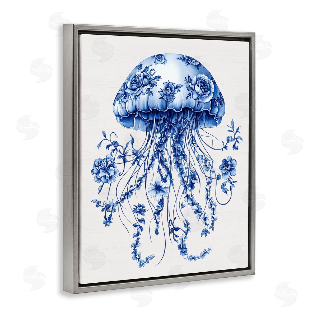 Lettered and Lined Funky Vintage Toile Jellyfish Gray Floating Frame Canvas Wall Art Print
