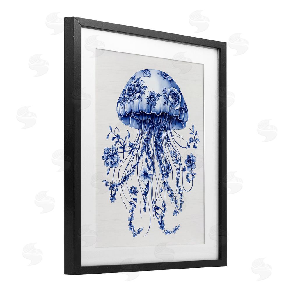 Lettered and Lined Funky Vintage Toile Jellyfish Black Framed Print Under Glass Wall Art
