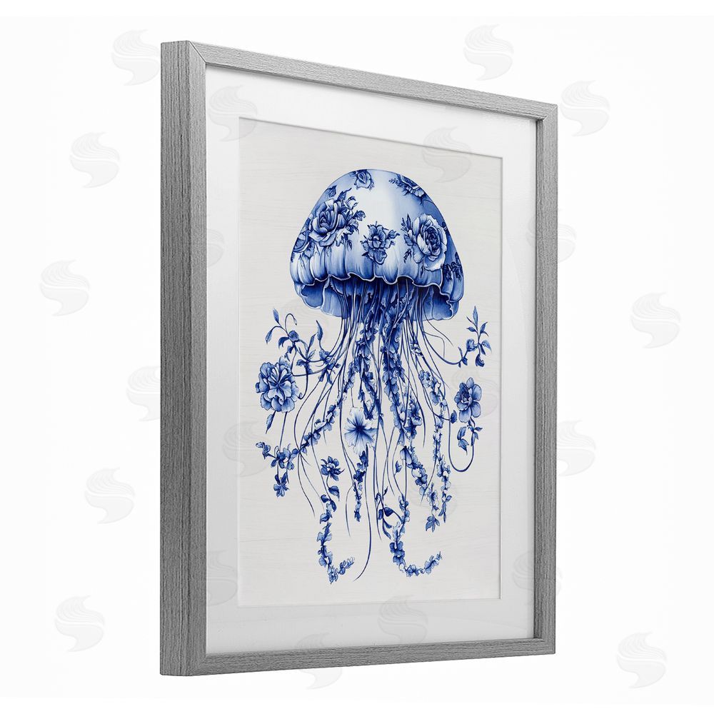 Lettered and Lined Funky Vintage Toile Jellyfish Gray Framed Print Under Glass Wall Art