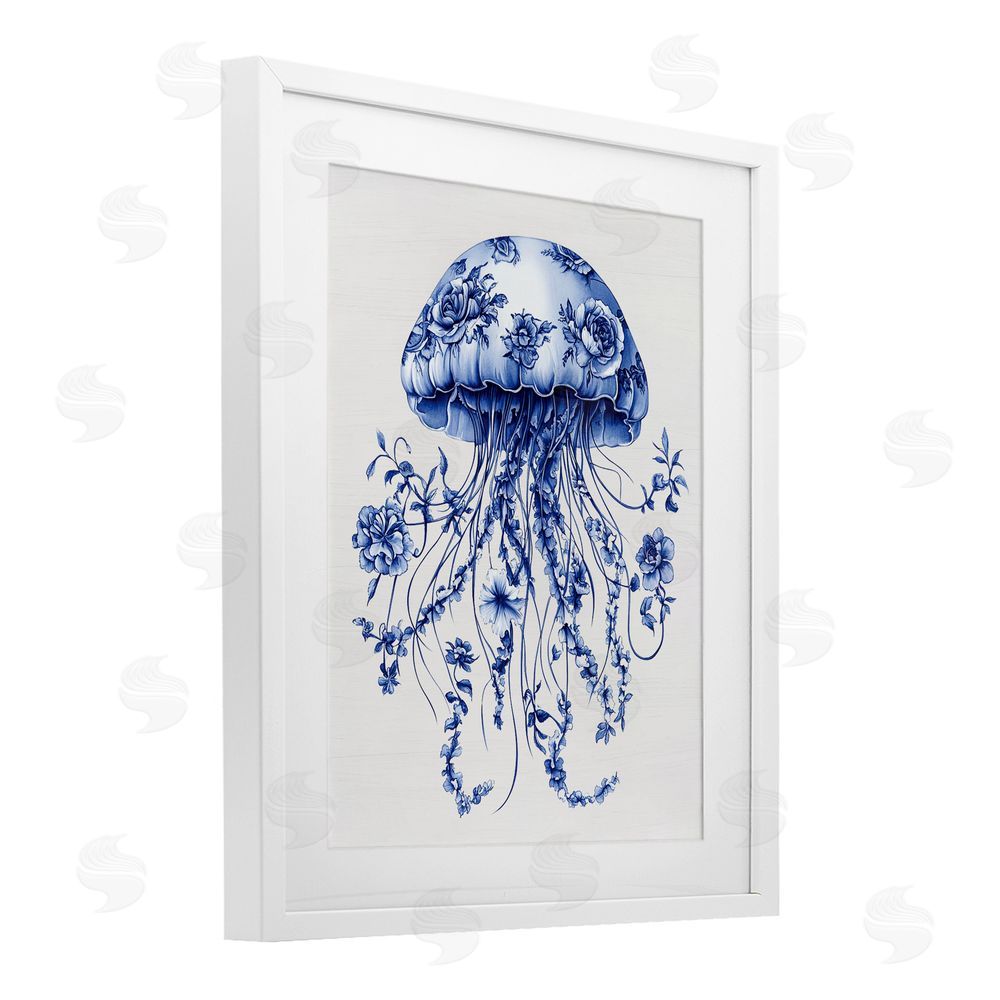 Lettered and Lined Funky Vintage Toile Jellyfish White Framed Print Under Glass Wall Art