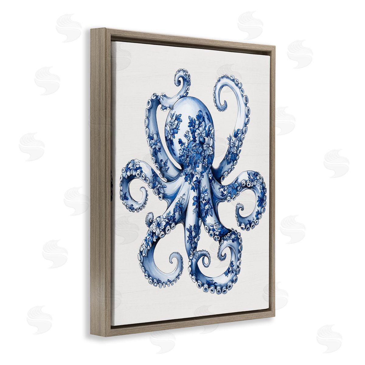Lettered and Lined Funky Toile Octopus Brown Floating Frame Canvas Wall Art Print