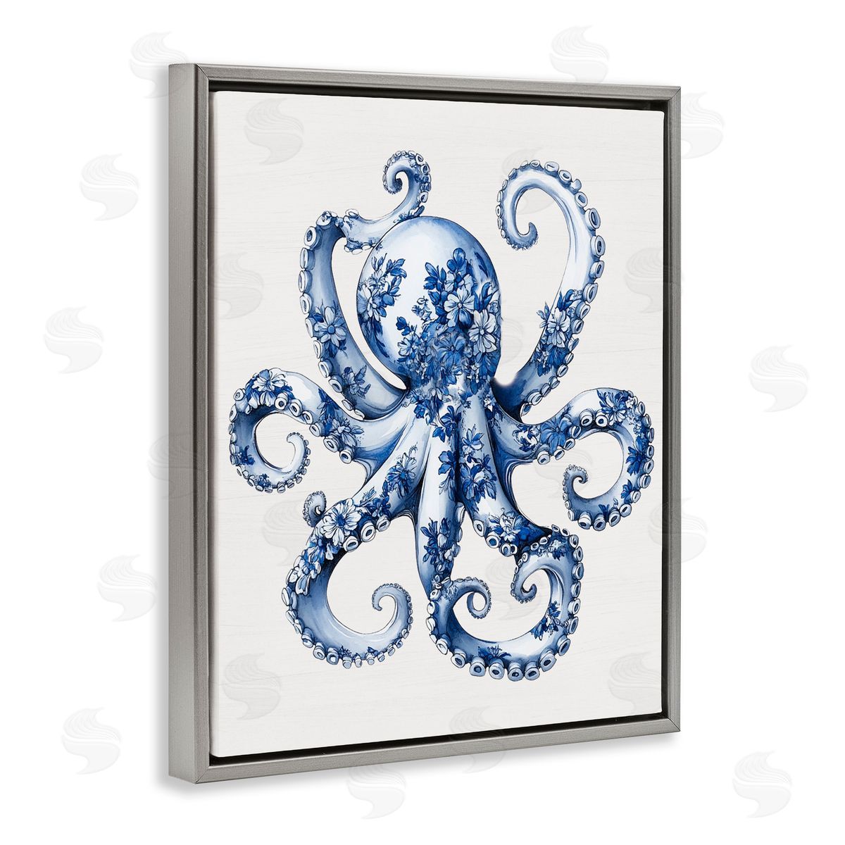 Lettered and Lined Funky Toile Octopus Gray Floating Frame Canvas Wall Art Print