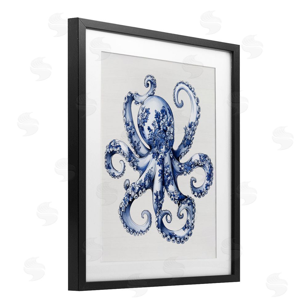 Lettered and Lined Funky Toile Octopus Black Framed Print Under Glass Wall Art