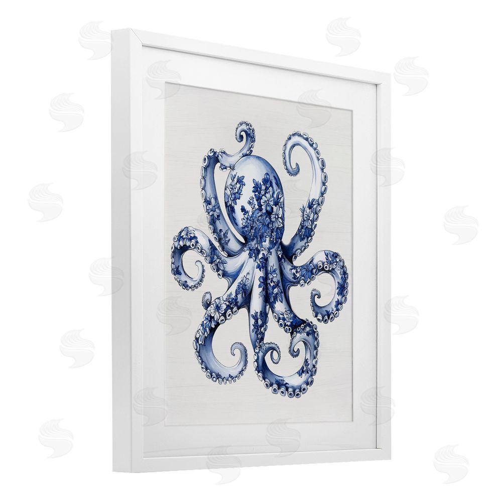 Lettered and Lined Funky Toile Octopus White Framed Print Under Glass Wall Art