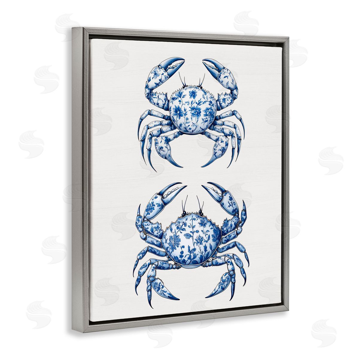 Lettered and Lined Vintage Toile Crabs Gray Floating Frame Canvas Wall Art Print