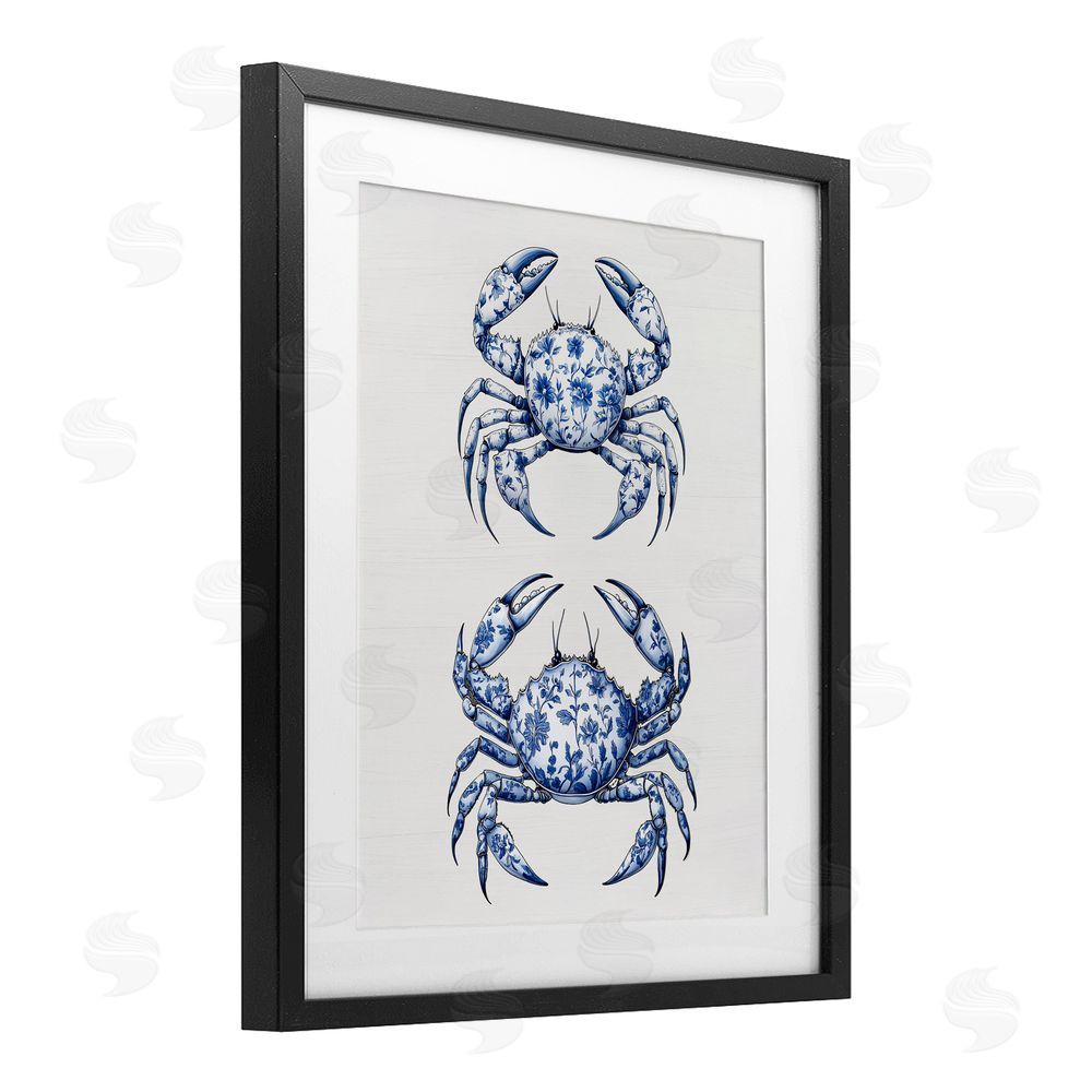 Lettered and Lined Vintage Toile Crabs Black Framed Print Under Glass Wall Art