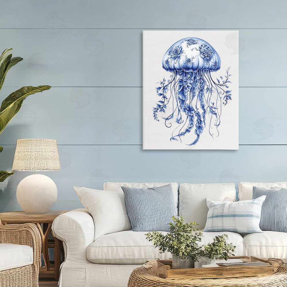 Lettered and Lined Funky Toile Jellyfish Stretched Canvas Wall Art Print in Room