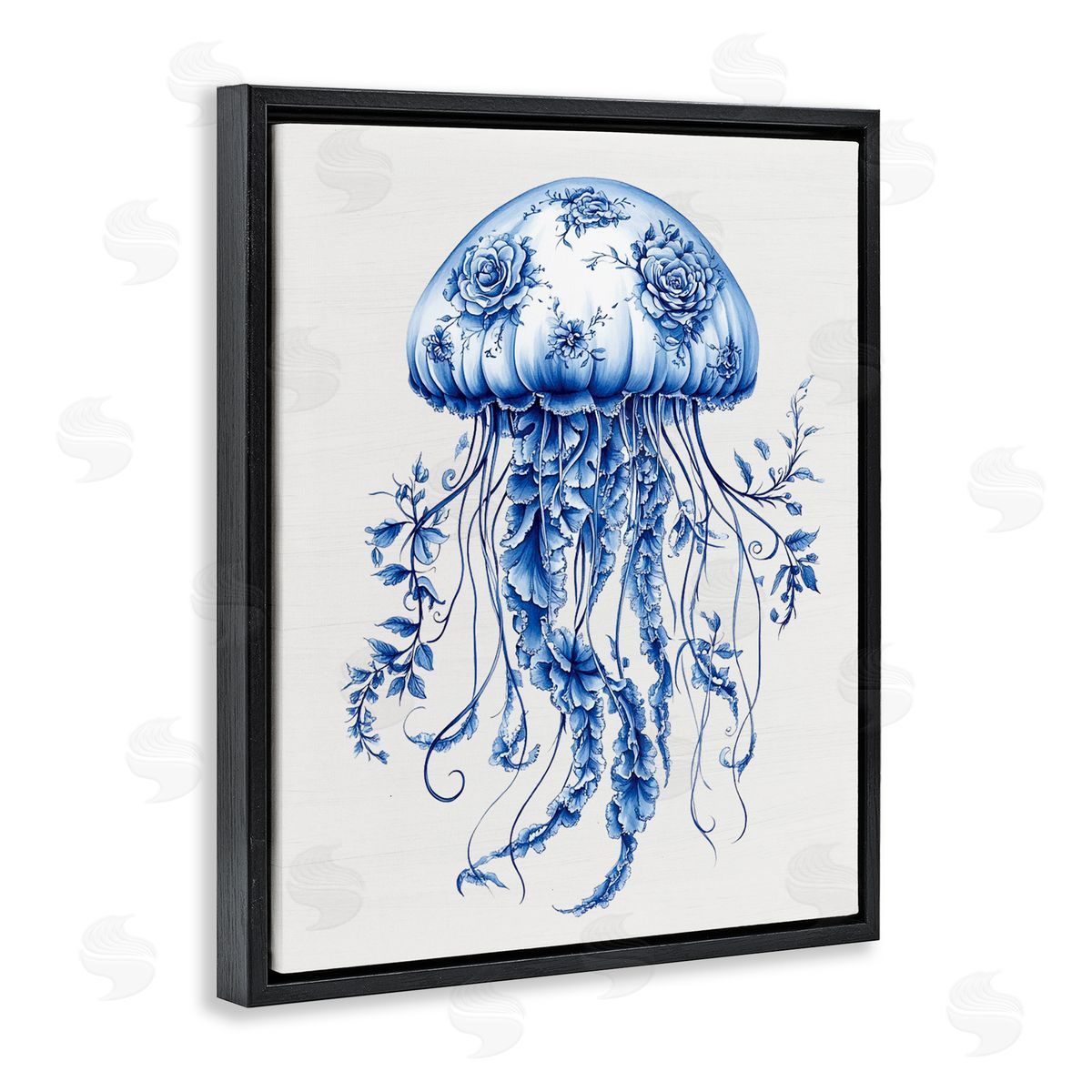 Lettered and Lined Funky Toile Jellyfish Black Floating Frame Canvas Wall Art Print