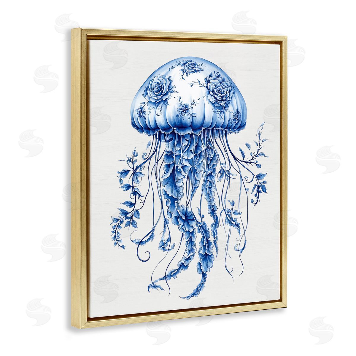 Lettered and Lined Funky Toile Jellyfish Gold Floating Frame Canvas Wall Art Print