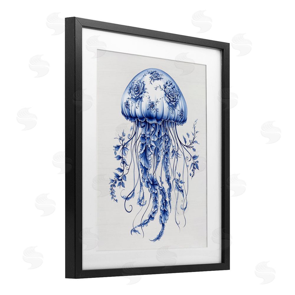 Lettered and Lined Funky Toile Jellyfish Black Framed Print Under Glass Wall Art