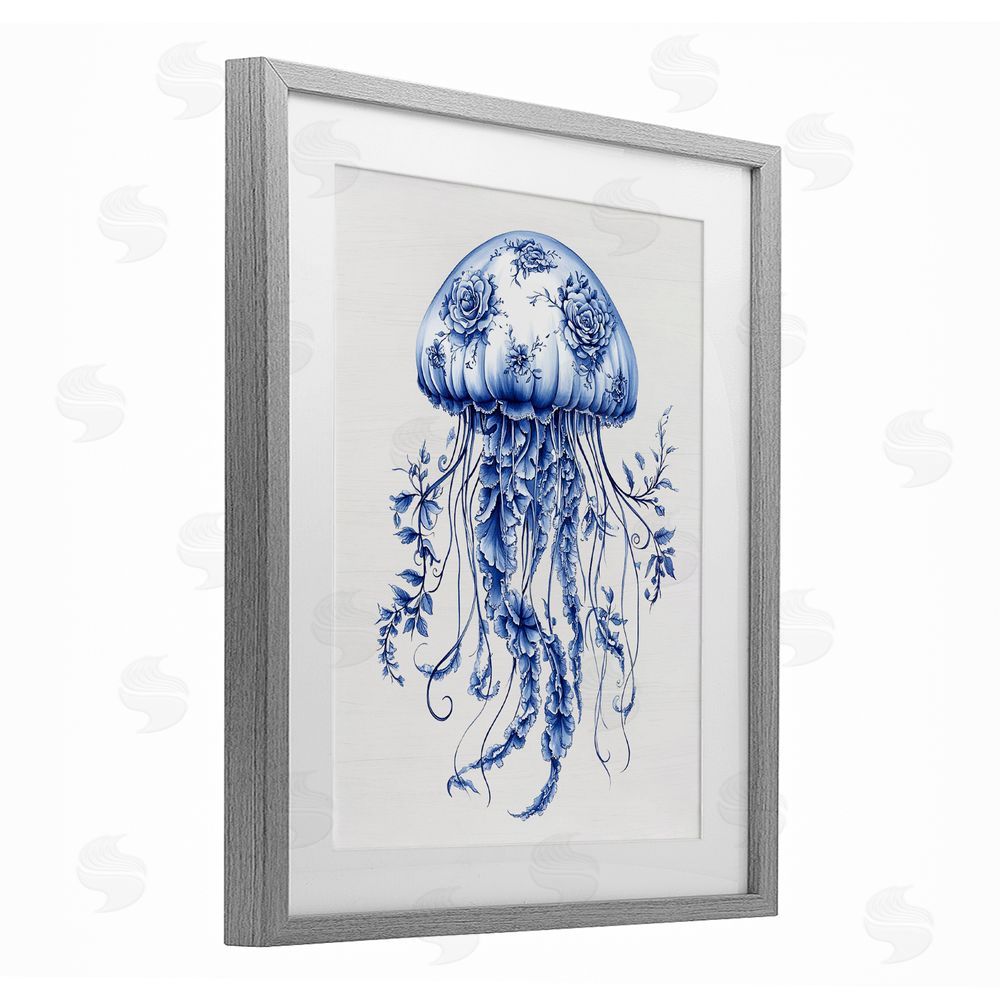 Lettered and Lined Funky Toile Jellyfish Gray Framed Print Under Glass Wall Art