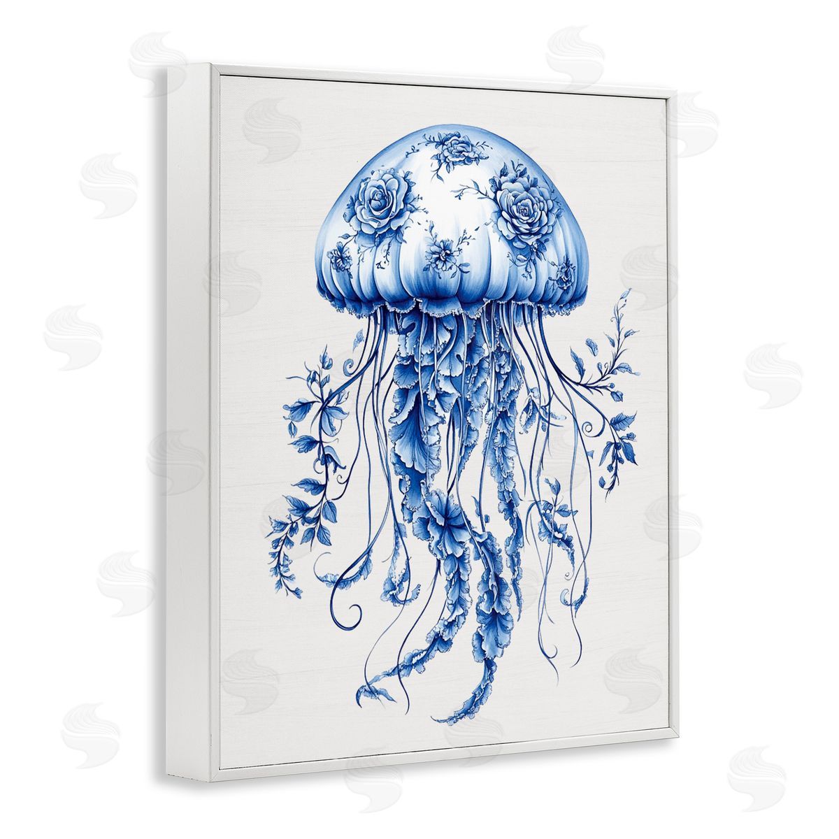 Lettered and Lined Funky Toile Jellyfish White Framed Giclee Print Wall Art
