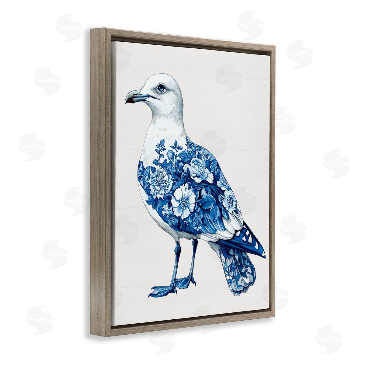 Lettered and Lined Funky Toile Seagull Brown Floating Frame Canvas Wall Art Print