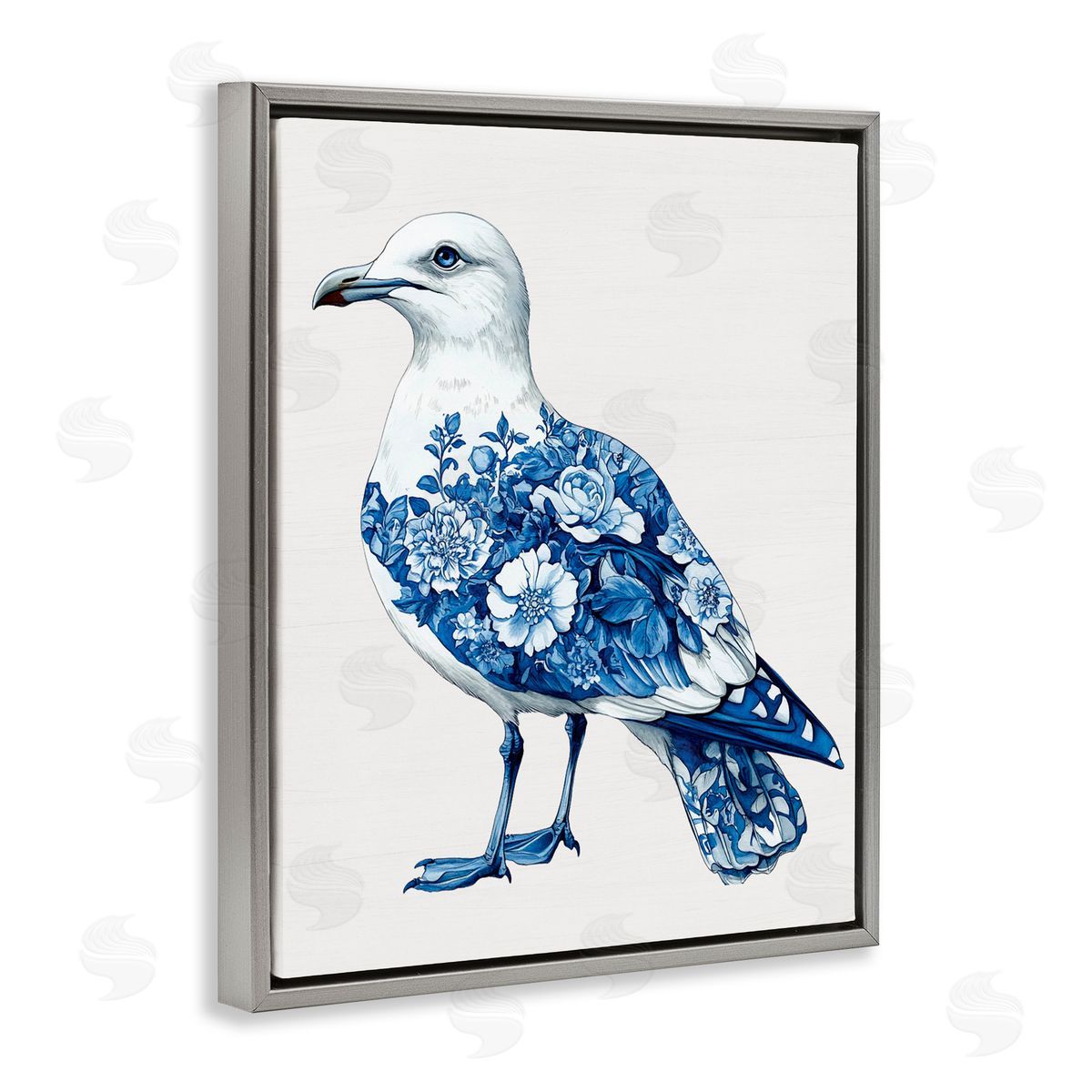 Lettered and Lined Funky Toile Seagull Gray Floating Frame Canvas Wall Art Print