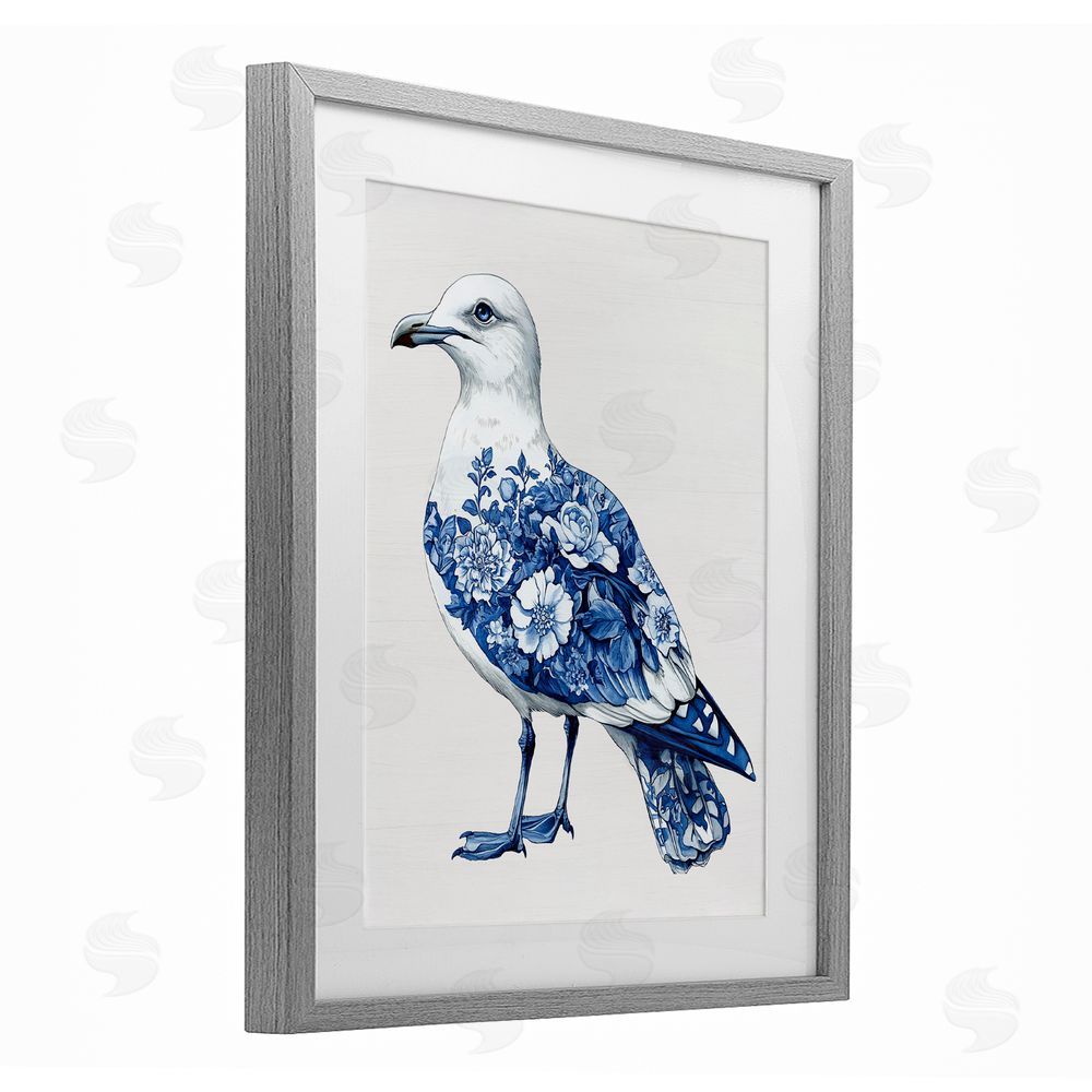 Lettered and Lined Funky Toile Seagull Gray Framed Print Under Glass Wall Art