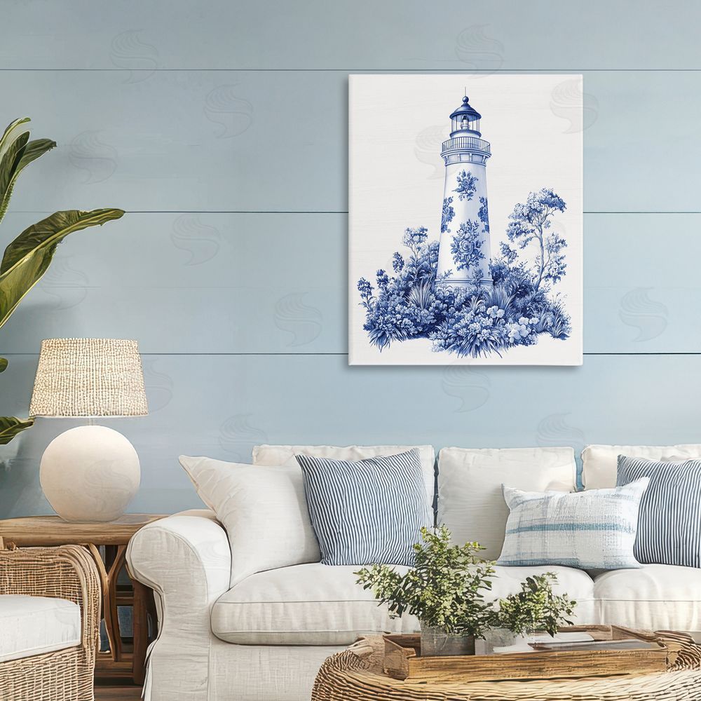 Lettered and Lined Toile Patterned Lighthouse Stretched Canvas Wall Art Print in Room