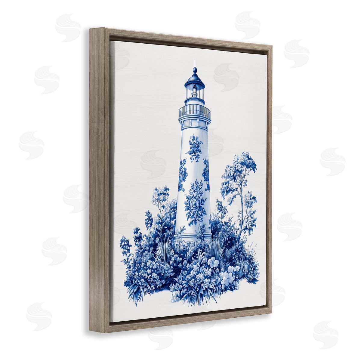 Lettered and Lined Toile Patterned Lighthouse Brown Floating Frame Canvas Wall Art Print
