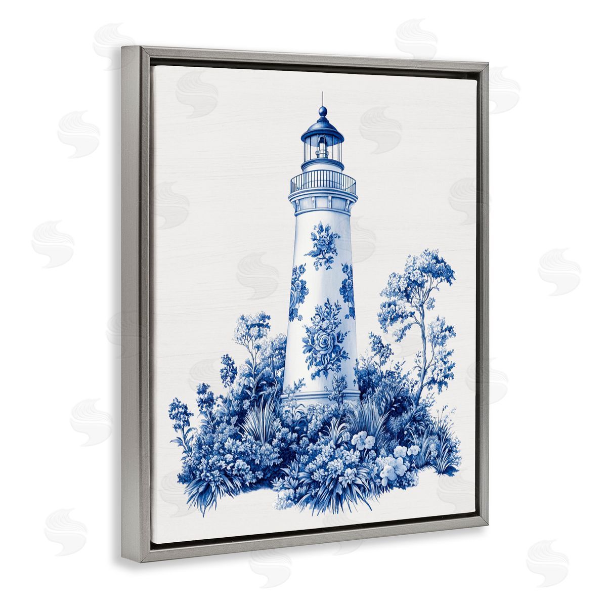 Lettered and Lined Toile Patterned Lighthouse Gray Floating Frame Canvas Wall Art Print