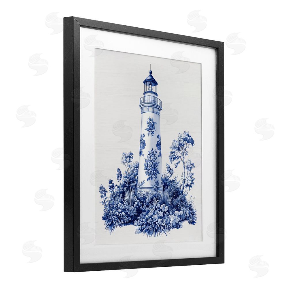 Lettered and Lined Toile Patterned Lighthouse Black Framed Print Under Glass Wall Art