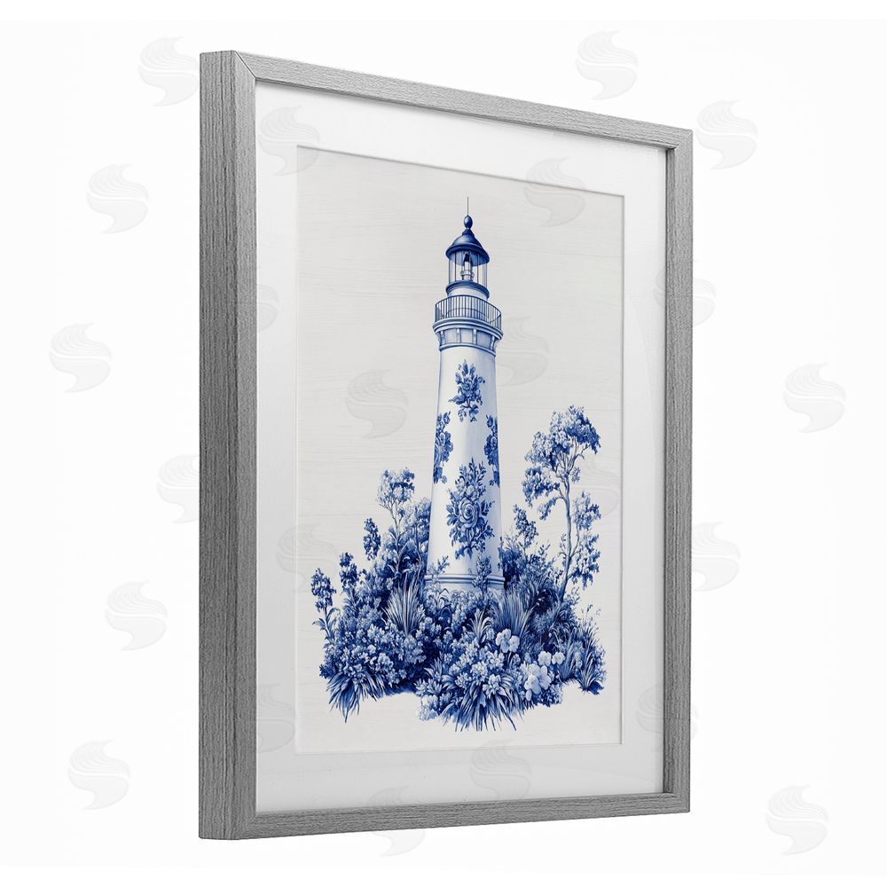Lettered and Lined Toile Patterned Lighthouse Gray Framed Print Under Glass Wall Art