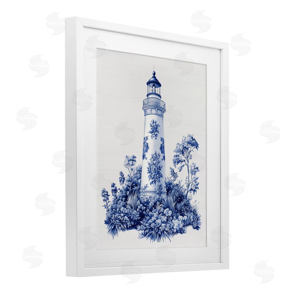 Lettered and Lined Toile Patterned Lighthouse White Framed Print Under Glass Wall Art