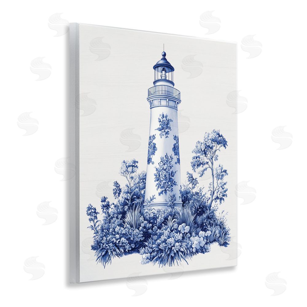 Lettered and Lined Toile Patterned Lighthouse Wooden Wall Plaque Art Print