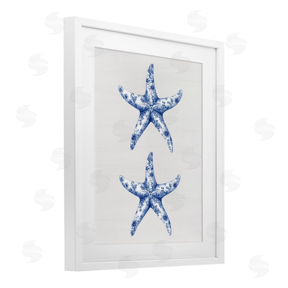 Lettered and Lined Vintage Toile Starfish White Framed Print Under Glass Wall Art