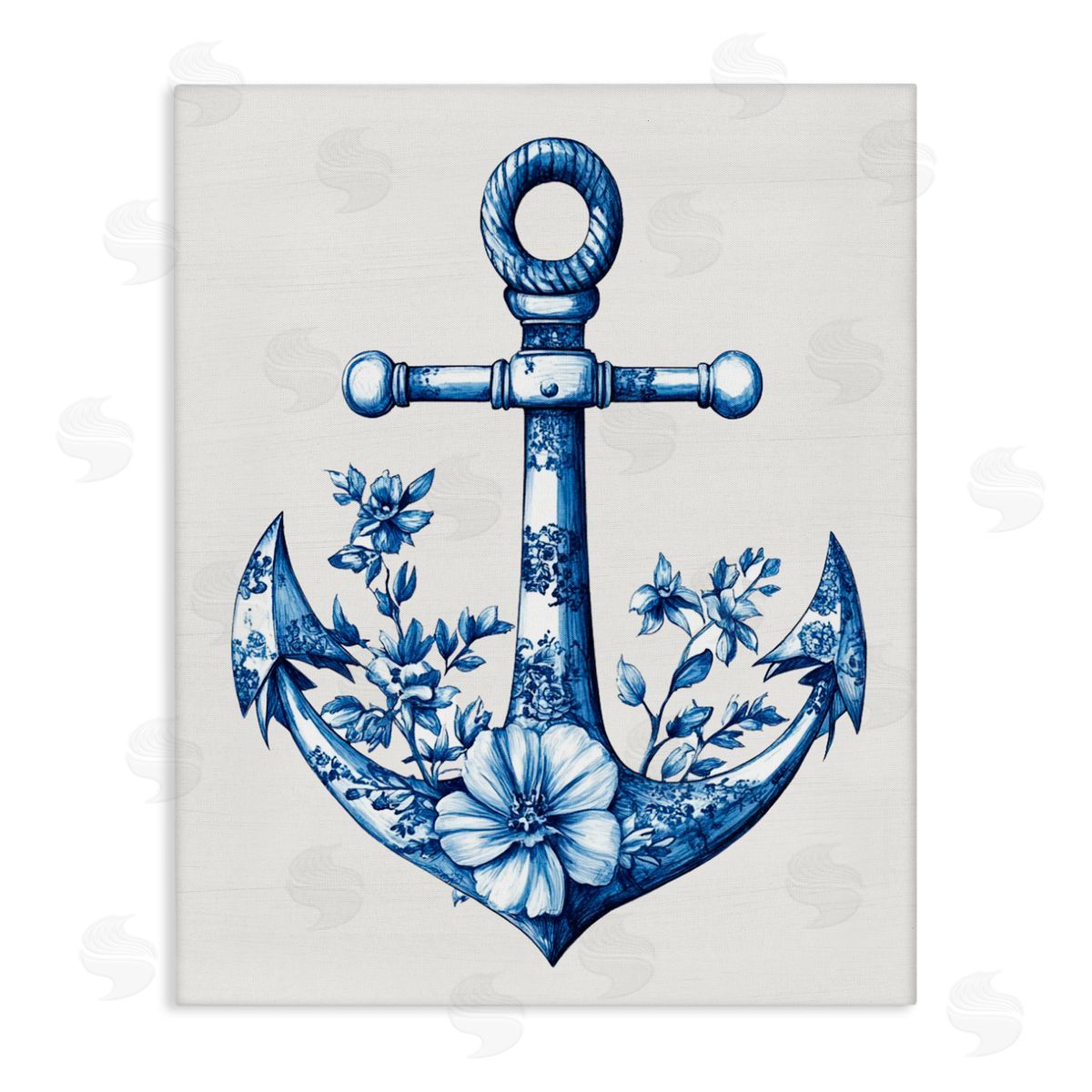 Lettered and Lined Toile Patterned Anchor Stretched Canvas Wall Art Print