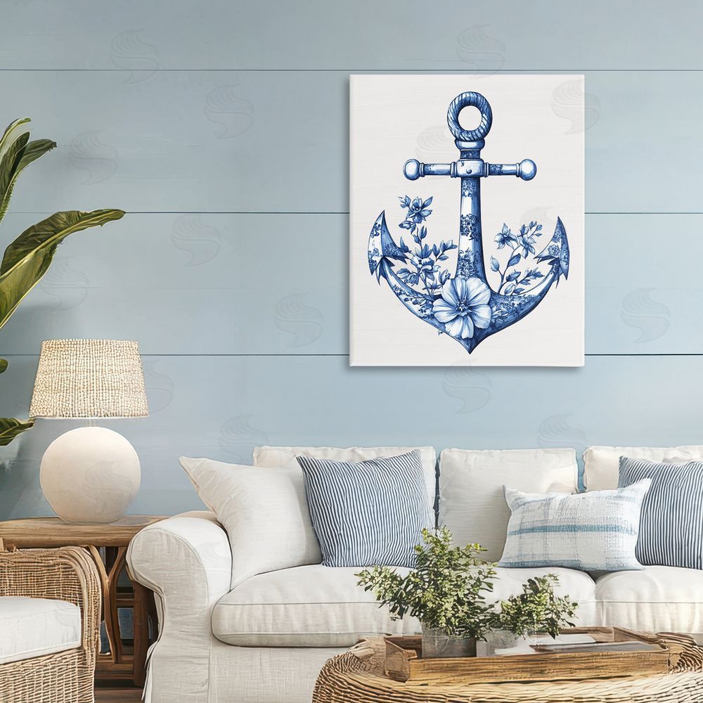 Lettered and Lined Toile Patterned Anchor Stretched Canvas Wall Art Print in Room