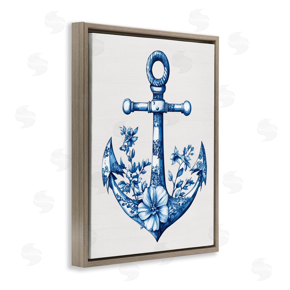 Lettered and Lined Toile Patterned Anchor Brown Floating Frame Canvas Wall Art Print