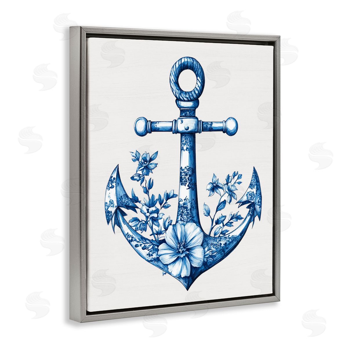 Lettered and Lined Toile Patterned Anchor Gray Floating Frame Canvas Wall Art Print