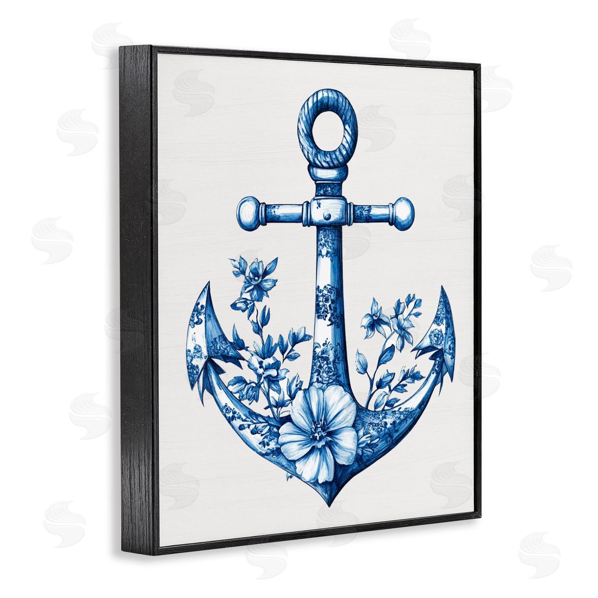 Lettered and Lined Toile Patterned Anchor Black Framed Giclee Print Wall Art