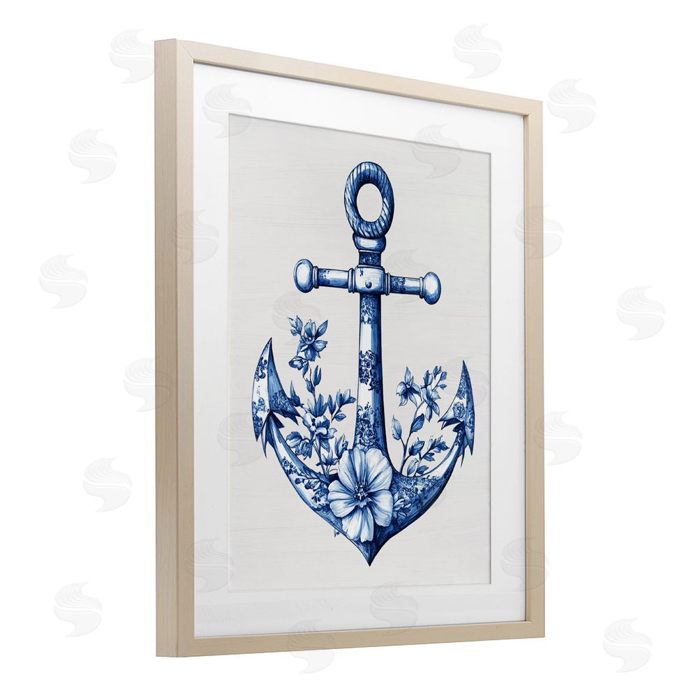 Lettered and Lined Toile Patterned Anchor Brown Framed Print Under Glass Wall Art