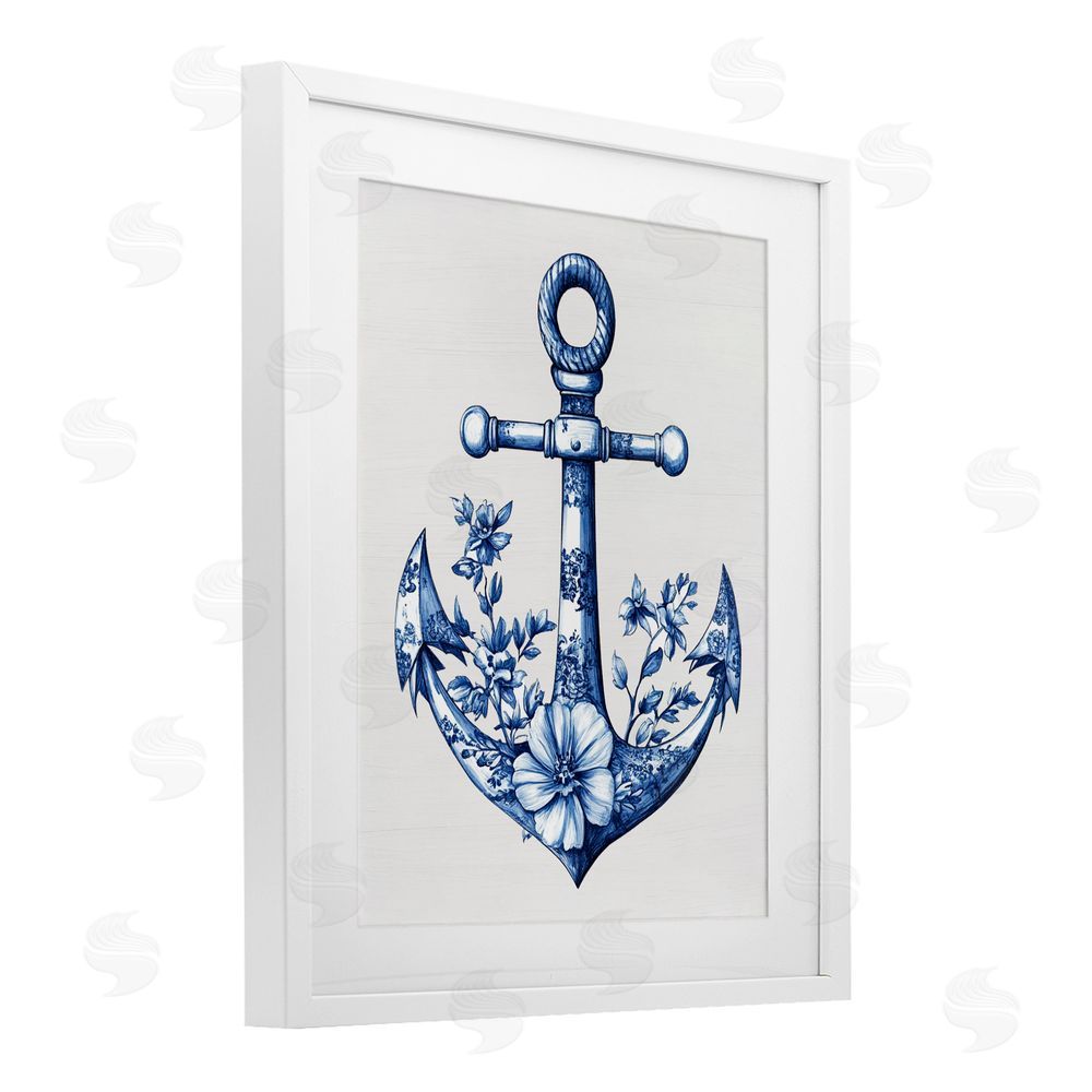 Lettered and Lined Toile Patterned Anchor White Framed Print Under Glass Wall Art