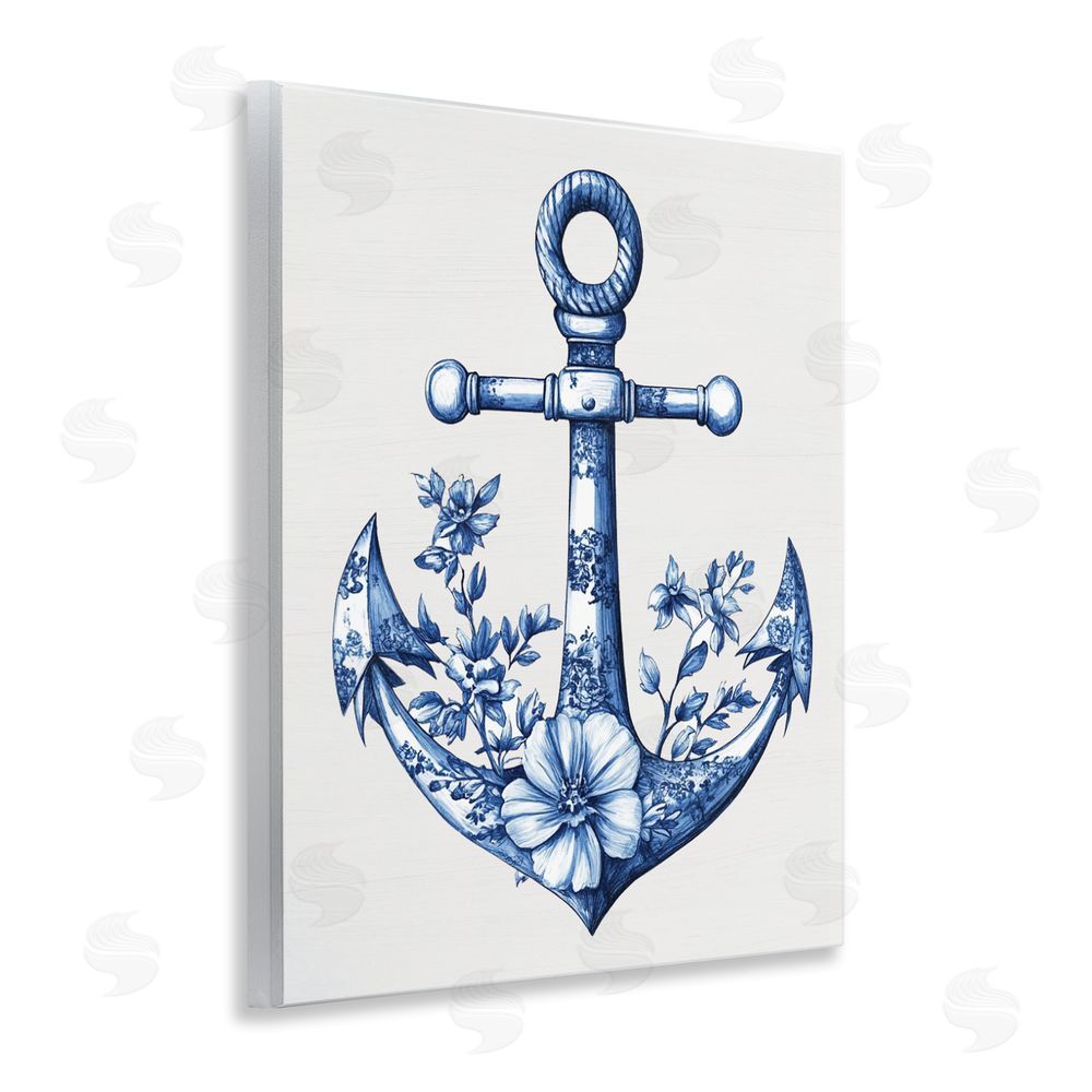 Lettered and Lined Toile Patterned Anchor Wooden Wall Plaque Art Print