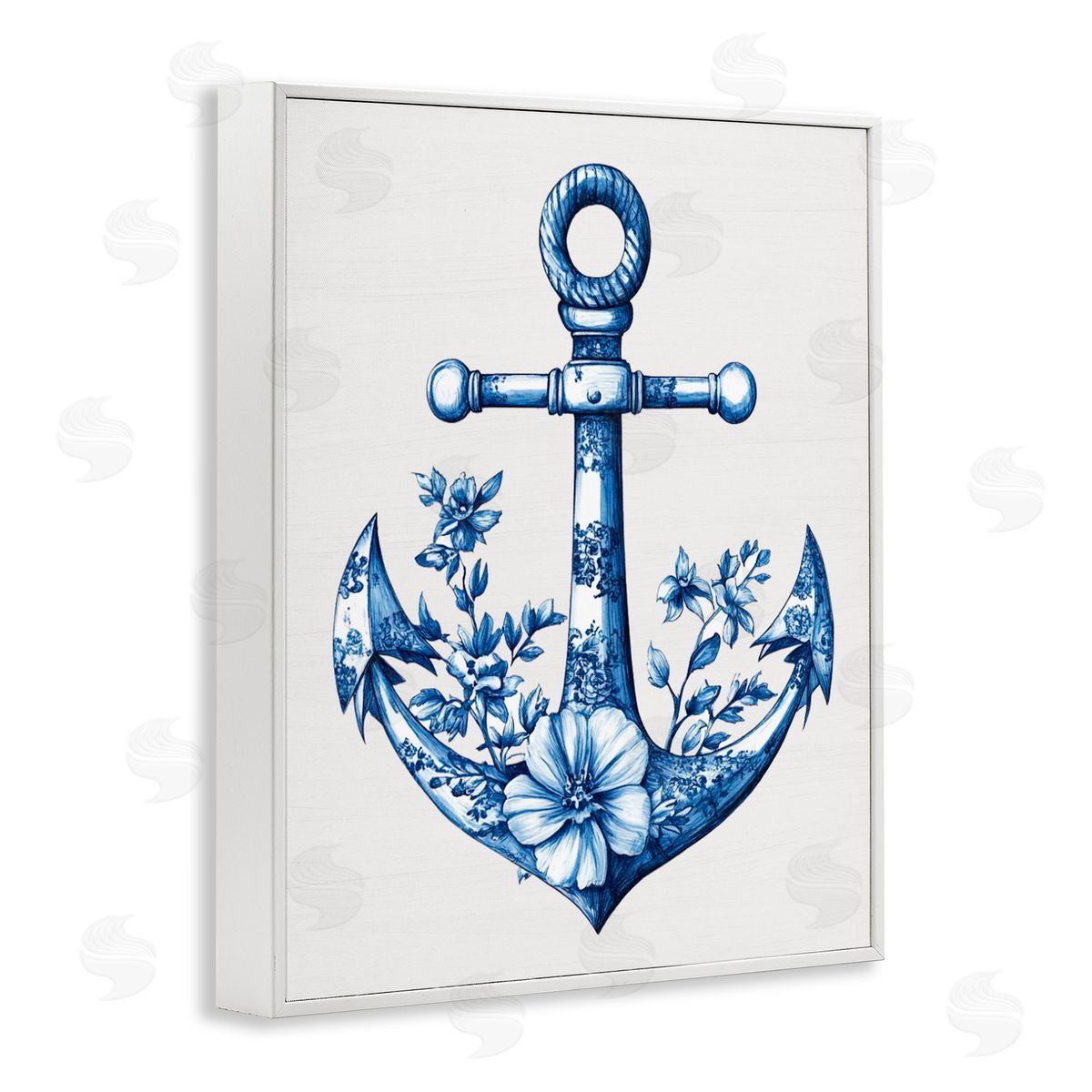 Lettered and Lined Toile Patterned Anchor White Framed Giclee Print Wall Art