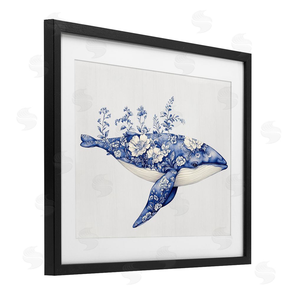 Lettered and Lined Blooming Toile Whale Black Framed Print Under Glass Wall Art