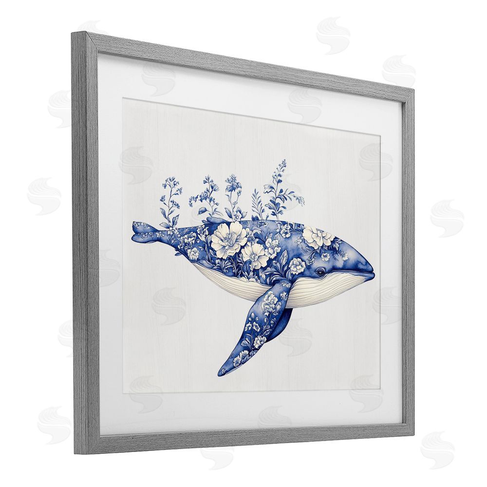 Lettered and Lined Blooming Toile Whale Gray Framed Print Under Glass Wall Art