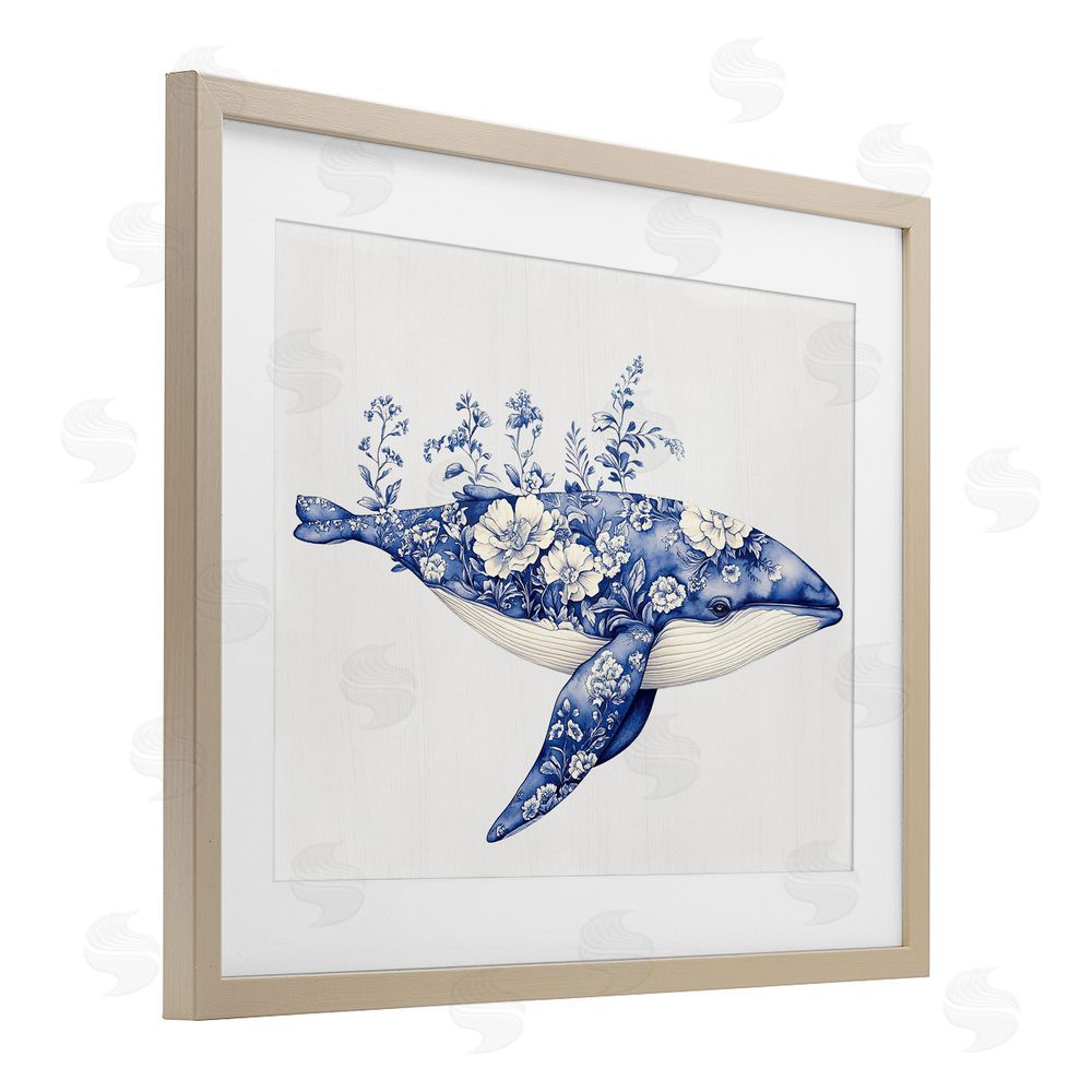 Lettered and Lined Blooming Toile Whale Brown Framed Print Under Glass Wall Art