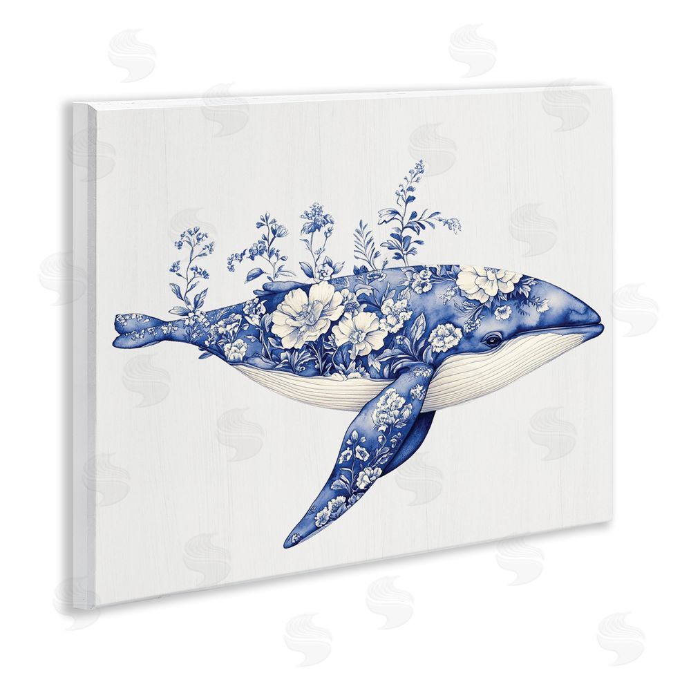 Lettered and Lined Blooming Toile Whale Wooden Wall Plaque Art Print