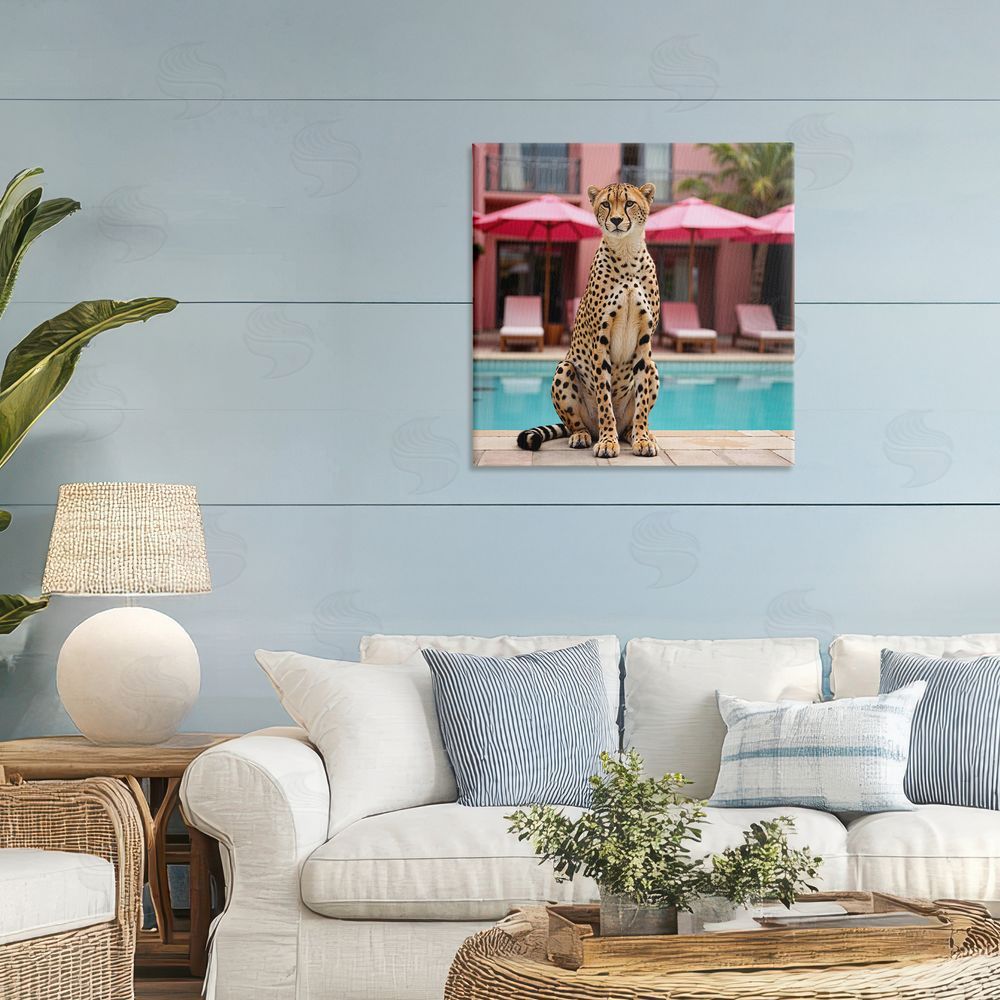 Lettered and Lined Cheetah Posed at Poolside Stretched Canvas Wall Art Print in Room