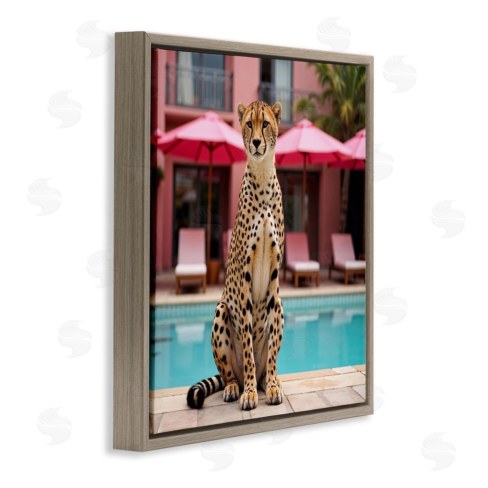 Lettered and Lined Cheetah Posed at Poolside Brown Floating Frame Canvas Wall Art Print