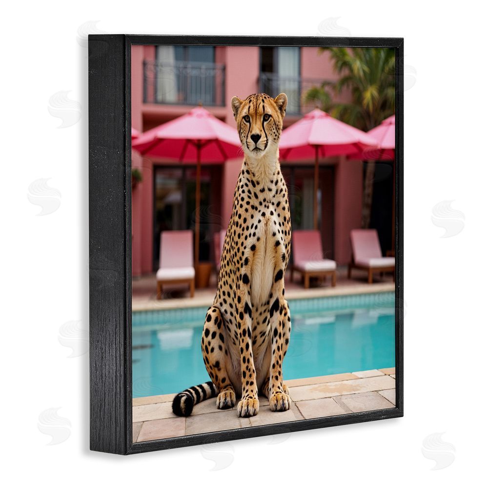 Lettered and Lined Cheetah Posed at Poolside Black Framed Giclee Print Wall Art