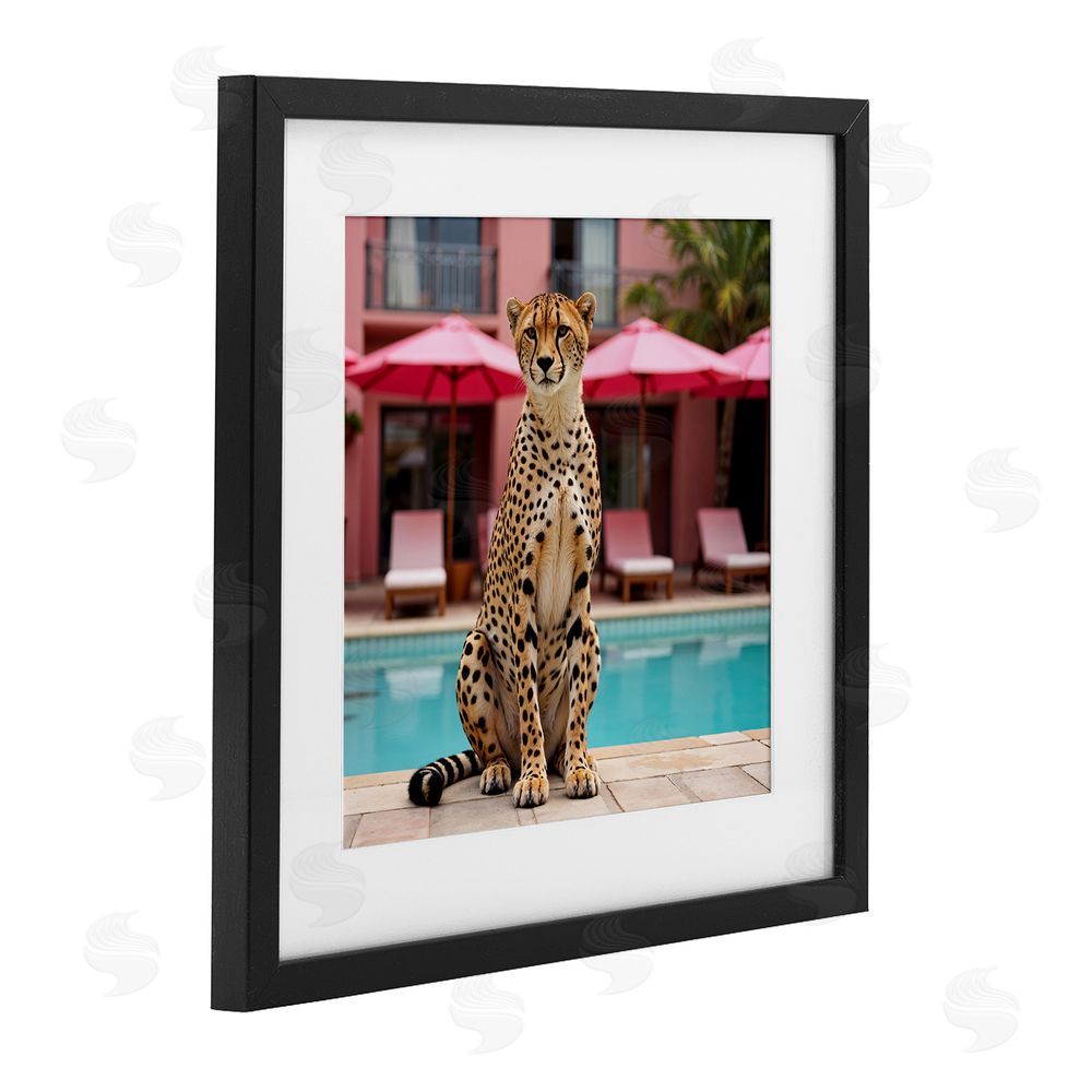 Lettered and Lined Cheetah Posed at Poolside Black Framed Print Under Glass Wall Art