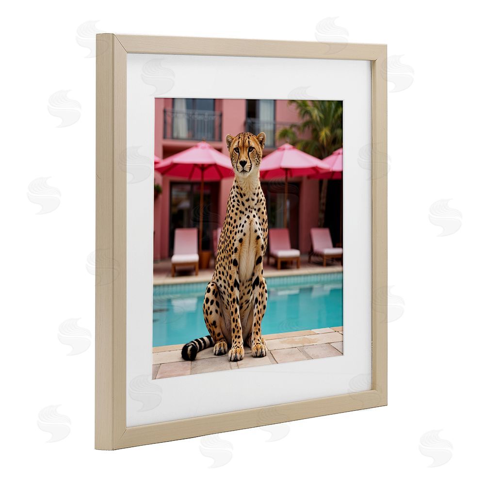 Lettered and Lined Cheetah Posed at Poolside Brown Framed Print Under Glass Wall Art